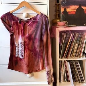 Free People We the Free Tie Dyed waffle Thermal with Embroidered Sleeves Size L